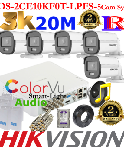 Hikvision 5MP-3K Turbo-HD Colorvu Smart Dual-Light Audio 5 camera package