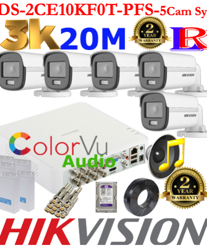Hikvision 5MP-3K Turbo-HD Colorvu Audio 5 camera package