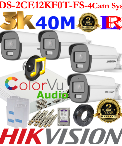 Hikvision 5MP-3K Turbo-HD Colorvu Audio 4 camera 40M package 1TB HDD