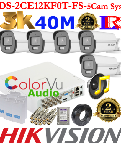 Hikvision 5MP-3K Turbo-HD Colorvu Audio 5 camera 40M package 1TB HDD
