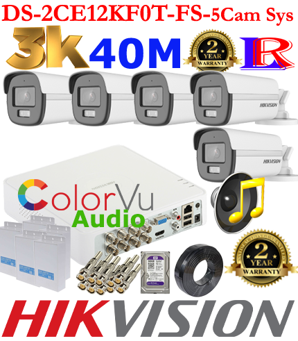 Hikvision 5MP-3K Turbo-HD Colorvu Audio 5 camera 40M package 1TB HDD